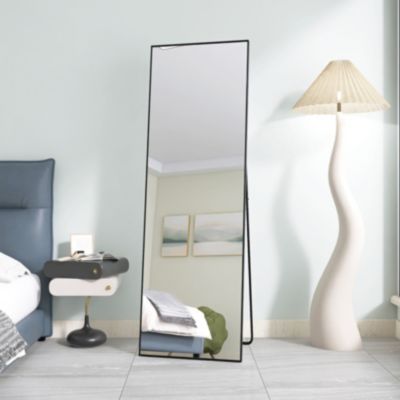 Miroir sur Pied 150x40 cm, Cadre Aluminium Noir, Miroir Mural Moderne à Poser ou Suspendre