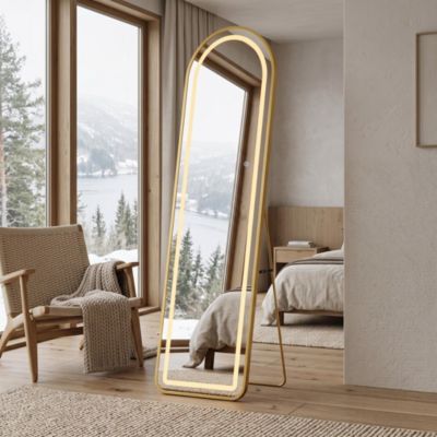 Miroir sur Pied LED 150x40 cm, Arche Doré Tactile 3 Couleurs Verre, Miroir LED sur pied, Incassable Mural Cabine Chambre