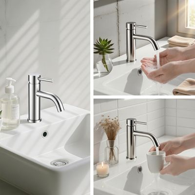Mitigeur acier inoxydable 304, pour cuisine/salle de bain/lavabo/toilettes invités, avec tuyau, eau chaude/froide, argent