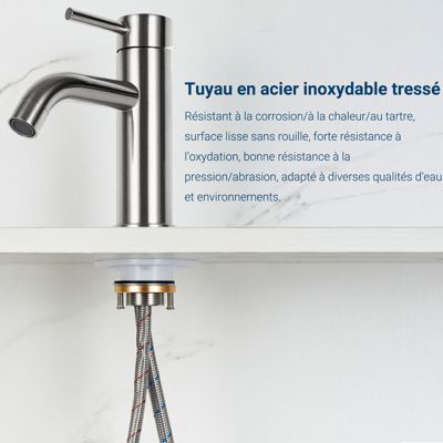 Mitigeur acier inoxydable 304, pour cuisine/salle de bain/lavabo/toilettes invités, avec tuyau, eau chaude/froide, argent