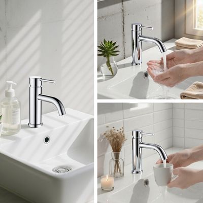 Mitigeur acier inoxydable 304, pour cuisine/salle de bain/lavabo/toilettes invités, avec tuyau, eau chaude/froide, chrome