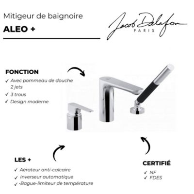 Mitigeur baignoire JACOB DELAFON Aleo+ 3 trous + pommeau de douche + flexible