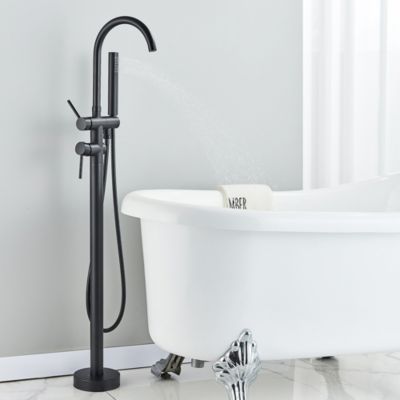 Mitigeur baignoire îlot Noir mat, Bec cascade, Douchette, Laiton massif