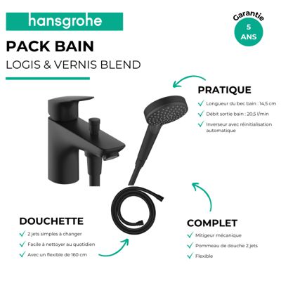Mitigeur baignoire mécanique HANSGROHE Logis C2  + pack pommeau Vernis Blend 2 jets EcoSmart + flexible Isiflex 160 cm noir mat