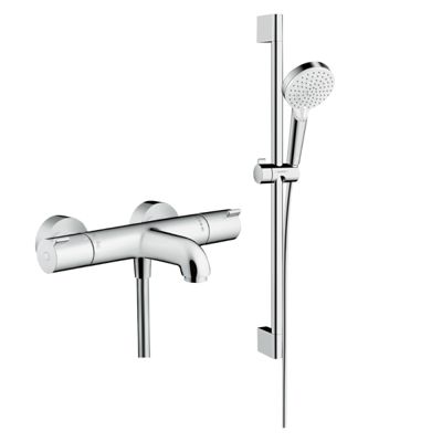 Mitigeur baignoire thermostatique HANSGROHE Ecostat 1001 CL chromé + pack pommeau de douche Crometta 2 jets + flexible + barre