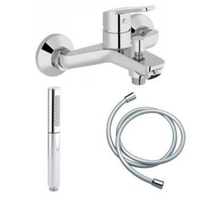 Mitigeur bain-douche Jacob Delafon Aimé chrome + Douchette Shift Ellipse 2 jets + Flexible lisse anti-torsion 1600