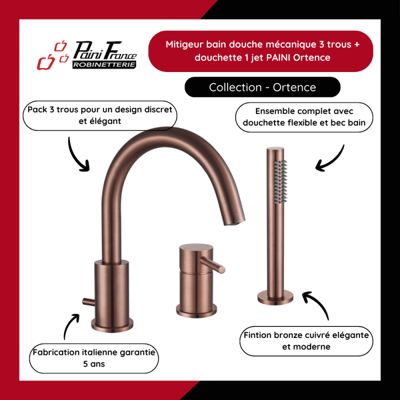 Mitigeur bain douche mécanique 3 trous + douchette 1 jet PAINI Ortence bronze cuivre