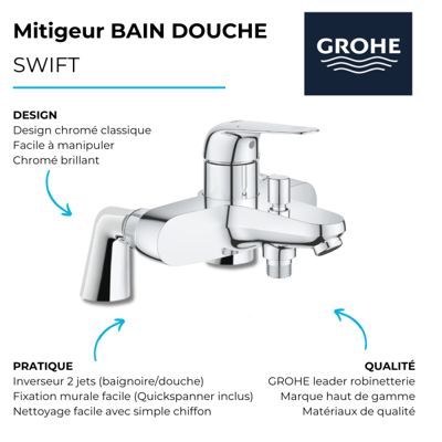 Mitigeur bain mécanique GROHE Bauloop avec ensemble de douche GROHE Vitalio Start avec colonnettes
