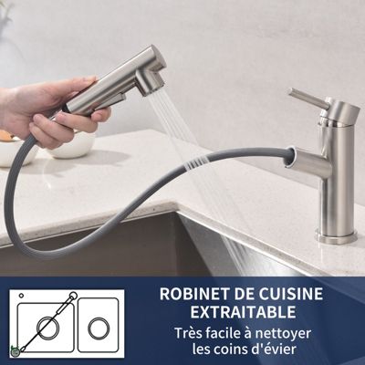 Mitigeur Cuisine avec 2 Modes de Jet Robinet Cuisine avec Douchette Extractible Mitigeur Evier en Inox Brosse Eau Chaude et Froide