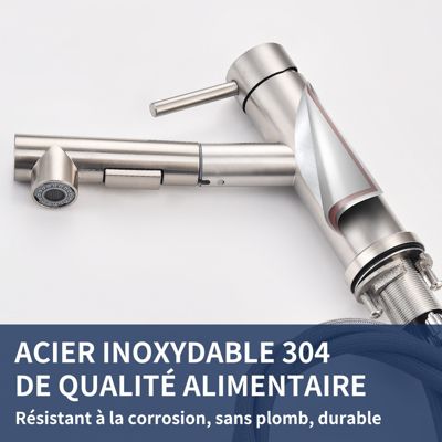 Mitigeur Cuisine avec 2 Modes de Jet Robinet Cuisine avec Douchette Extractible Mitigeur Evier en Inox Brosse Eau Chaude et Froide