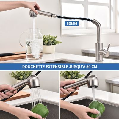 Mitigeur cuisine avec douchette extracible Robinet cuisine 2 Jets en Inox Brossé Mitigeur d'évier Rotatif 360 degrés