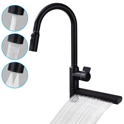Mitigeur Cuisine Noir avec Douchette Extractible 3 Jets Bec Effet Pluie Robinet de Cuisine Pivotant