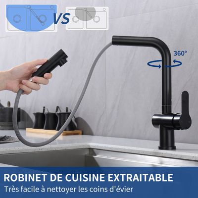 Mitigeur Cuisine Noir avec Douchette Extractible Robinet Douchette d'évier Extractible Pivotant à 360 degrés Mitigeur Monocommande