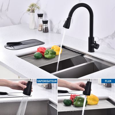 Mitigeur Cuisine Noir avec Douchette Extractible Rotatif à 360 degrés en Acier Inoxydable Robinet Cuisine Evier 2 Fonctions