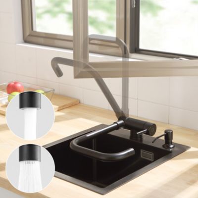Mitigeur cuisine rabattable noir, robinet cuisine rabattable avec 2 Jets, robinetterie pliable devant fenêtre