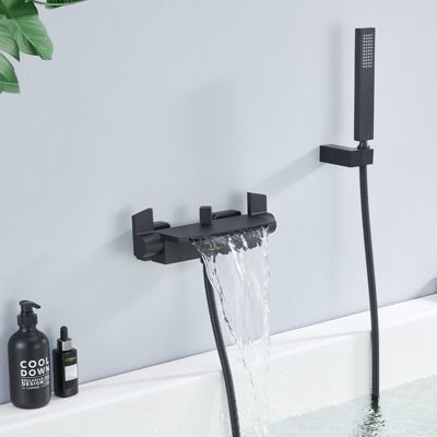 Mitigeur de Baignoire Cascade Robinet de Baignoire Mural avec Douchette à Main et Flexible de douche 1,5M, Laiton Noir Mat