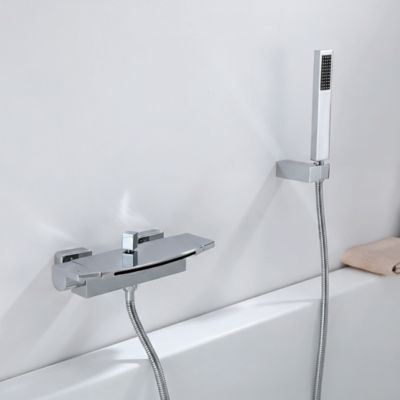 Mitigeur de Baignoire Cascade Robinet de Douche Mural avec Douchette à Mains Laiton Set de douche en Laiton Chromé