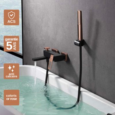 Mitigeur de Baignoire et Douche anti-calcaire Noir Mat et Or Rose IMEX SUECIA BDC032-7NOR