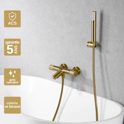 Mitigeur de Baignoire et Douche anti-calcaire Thermostatique Or Brossé IMEX LINE BTD038-4OC