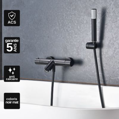 Mitigeur de Baignoire et Douche Thermostatique anti-calcaire Noir Mat IMEX GENOVA BTG053-4NG