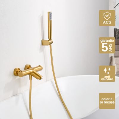 Mitigeur de Baignoire et Douche Thermostatique anti-calcaire Or Brossé IMEX MONZA BTM039-4OC