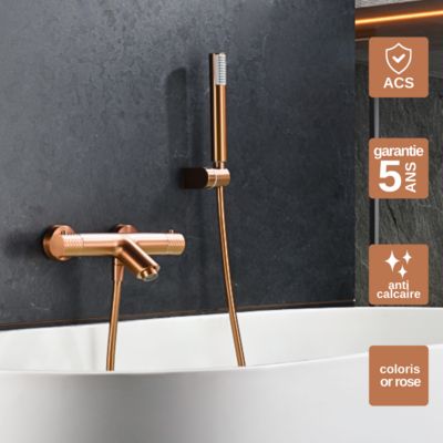 Mitigeur de Baignoire et Douche Thermostatique anti-calcaire Or Rose IMEX GENOVA BTG053-4ORC