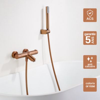 Mitigeur de Baignoire et Douche Thermostatique anti-calcaire Or Rose IMEX MONZA BTM039-4ORC