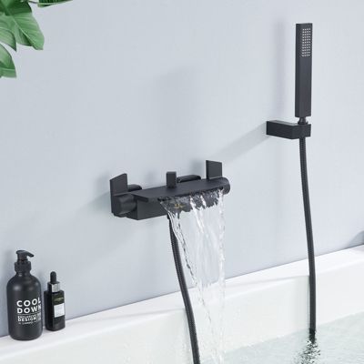 Mitigeur de Baignoire Mural avec Bec Cascade et Douchette a Main Flexible 1 5 m Laiton Noir Mat