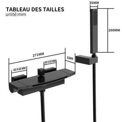 Mitigeur de Baignoire Mural avec Bec Cascade et Douchette a Main Flexible 1 5 m Laiton Noir Mat
