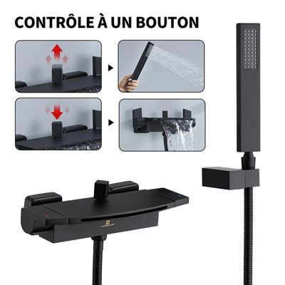 Mitigeur de Baignoire Mural avec Bec Cascade et Douchette a Main Flexible 1 5 m Laiton Noir Mat