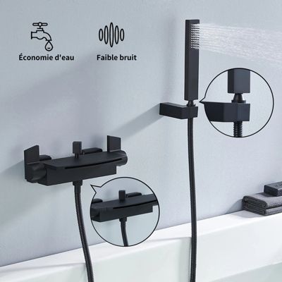 Mitigeur de Baignoire Mural avec Bec Cascade et Douchette a Main Flexible 1 5 m Laiton Noir Mat