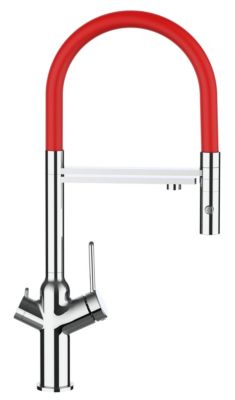 Mitigeur de cuisine 3 Voies Chromé Robinet Bec Rouge Orientable Et Douchette 2 Jets Détachable