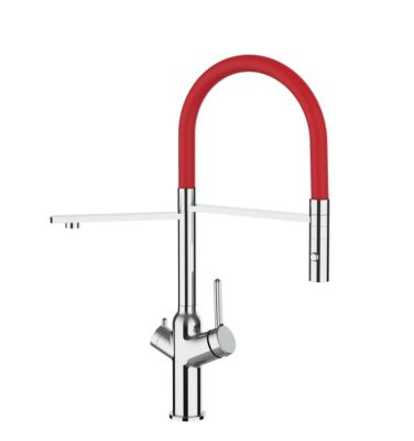 Mitigeur de cuisine 3 Voies Chromé Robinet Bec Rouge Orientable Et Douchette 2 Jets Détachable