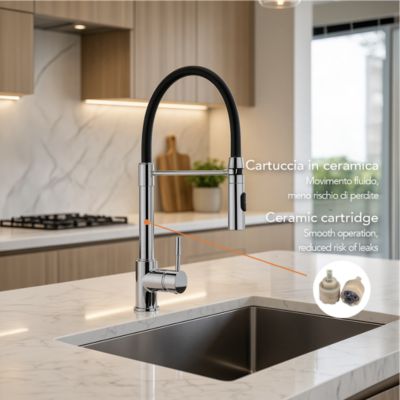 Mitigeur De Cuisine À Bec Haut Avec Douchette Extractible Et Double Jet - Piuma