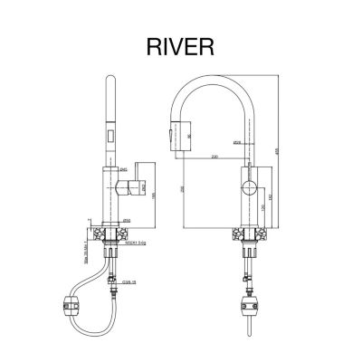Mitigeur de cuisine bec haut avec douchette extractible SKY BATH or brossé PVD Inox S304 série RIVER