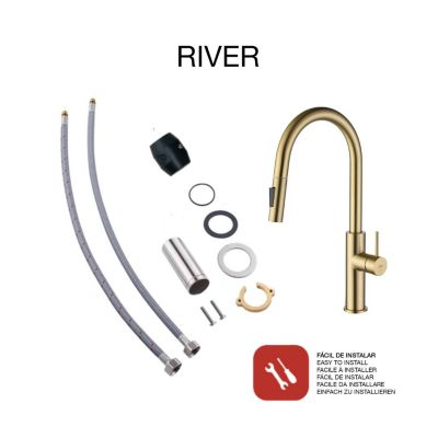 Mitigeur de cuisine bec haut avec douchette extractible SKY BATH or brossé PVD Inox S304 série RIVER