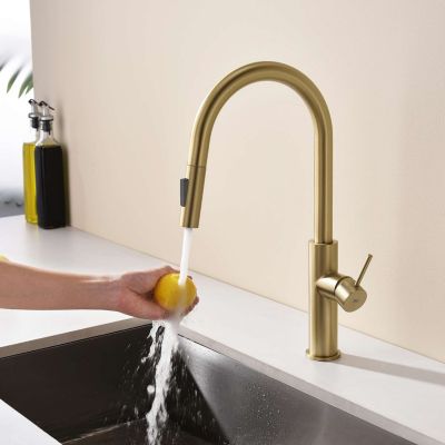 Mitigeur de cuisine bec haut avec douchette extractible SKY BATH or brossé PVD Inox S304 série RIVER