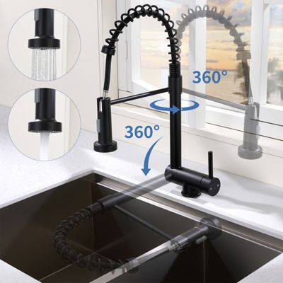 Mitigeur de Cuisine Rabattable Noir Robinet Cuisine à Ressort avec Douchette 2 Modes, Robinet Évier Pliable Rotatif à 360