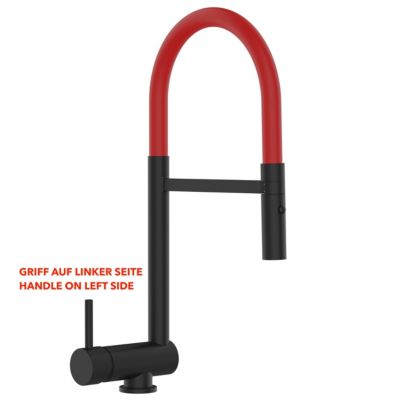Mitigeur de cuisine Rabattable Sous Fenêtre 6 cm, Poignée à GAUCHE, bec pivotant et douchette 2-jets détachable, Noir Mat / Rouge