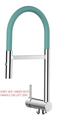 Mitigeur de cuisine Rabattable Sous Fenêtre 6 cm Poignée à GAUCHE Chromé Bec Turquoise Orientable Et Douchette 2 Jets Détachable