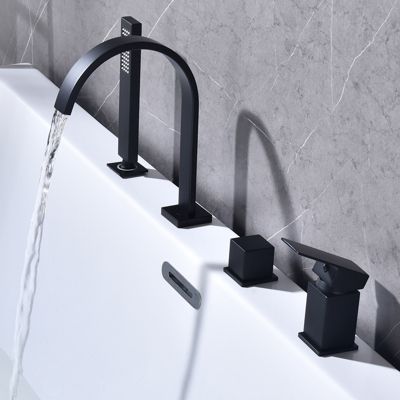 Mitigeur de Douche et Robinet de Douche Bain-Douche 4 Trous Double Sortie Encastre en Laiton Noir Bec Cascade Pivotant 360