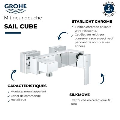 Mitigeur de douche mécanique  GROHE Sail Cube chromé + chiffonnette
