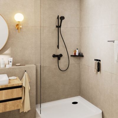 Mitigeur de douche mécanique noir mat avec douchette, flexible et barre réglable, Hansgrohe Vernis Blend