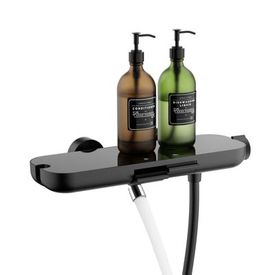 Mitigeur de Douche Robinet Douche Bain Douche Mural Monocommande à Bouton avec Double Sortie et Plateau Rangement Noir