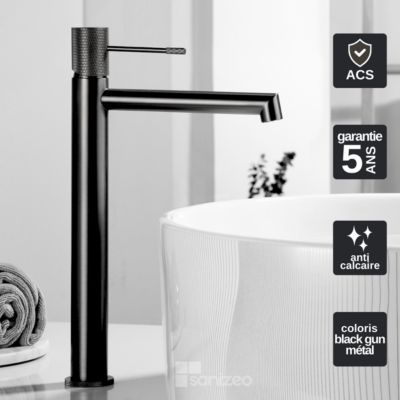 Mitigeur de Lavabo Anti-Calcaire Bec Haut Black Gun Métal IMEX LINE BDD038-3BGM