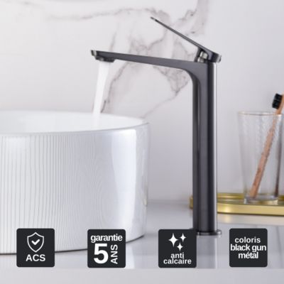 Mitigeur de Lavabo Anti-Calcaire Bec Haut Black Gun Métal IMEX NAPOLES BDN047-3BGM