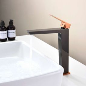 Mitigeur de lavabo bec haut SKY BATH noir cristal et or rose PVD  série Infinite