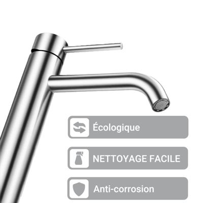 Mitigeur de lavabo haut, acier inoxydable 304 brossé argenté, mixte froid/chaud