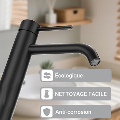 Mitigeur de lavabo haut, noir, monocommande, acier inoxydable, mixte froid/chaud