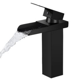 Mitigeur de lavabo, Moderne Noir Robinet de Salle de Bain en Laiton, Mitigeur Lavabo Cascade, Eau Froide & Chaude Disponible